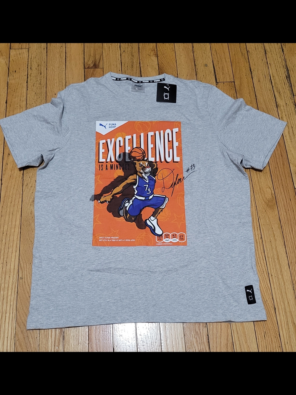PUMA Men's Gray Graphic 'Excellence' Basketball Tee with Orange Panel
